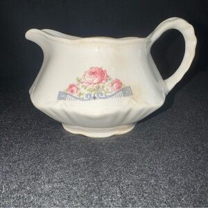 Rare 1941 Homer Laughlin Creamer Pitcher 3 Pink Peonies w/ Blue Geometric Scroll